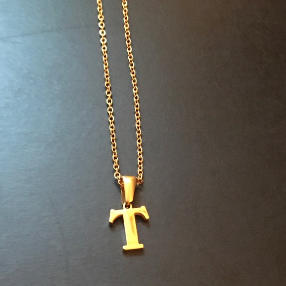 Gold Stainless Steel Initial Pendant T w/ Necklace Length 17” - Picture 2 of 4